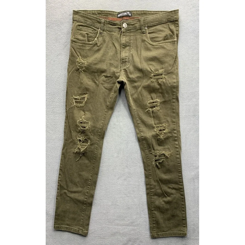 Arketype Denim Jeans Men's Destroyed Hip Hop Street Green Size 38X34